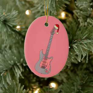 Pink Electric Guitar Funny Festive Santa Hat Girls Ceramic Ornament