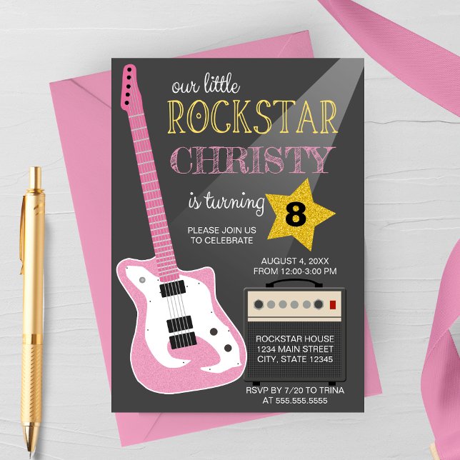 Pink Electric Guitar Rockstar Birthday Party Invitation (Creator Uploaded)