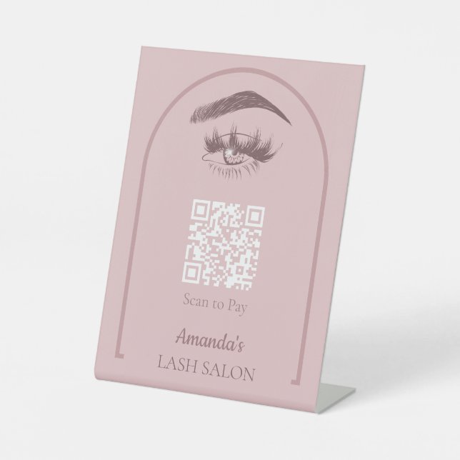 Pink Elegant Arc Beauty Salon QR Code Pedestal Sign (Front)