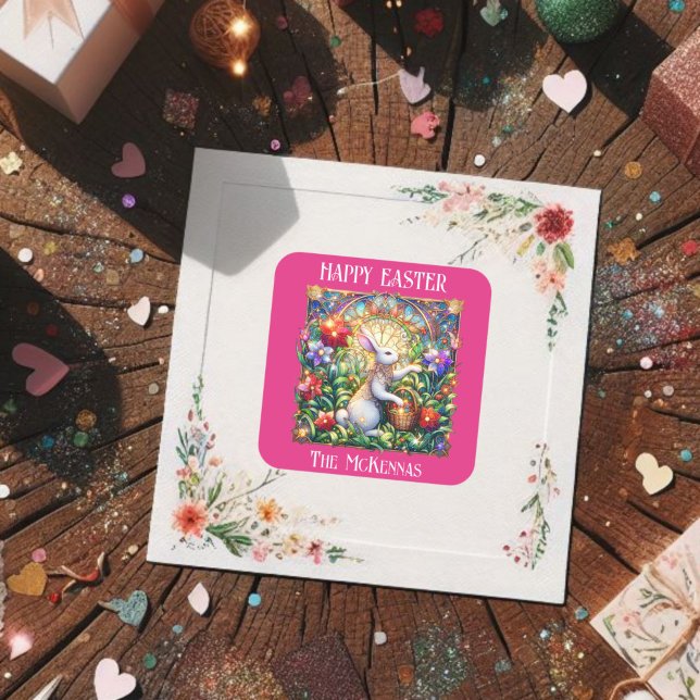 Pink Elegant Art Nouveau Bunny Garden Easter Square Sticker (Creator Uploaded)