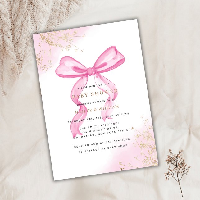 Pink Elegant Bow Baby Shower  Invitation (Pink Elegant Bow Baby Shower Invitation)