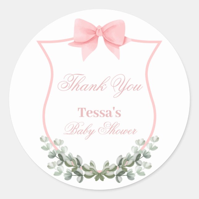 Pink Elegant Bow Eucalyptus Crest Baby Shower Classic Round Sticker (Front)