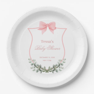 Pink Elegant Bow Eucalyptus Crest Baby Shower Paper Plate