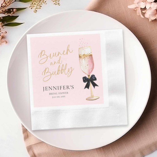 Pink Elegant Brunch and Bubbly Bridal Shower Napkin (Pink Champagne Brunch and Bubbly paper napkins)