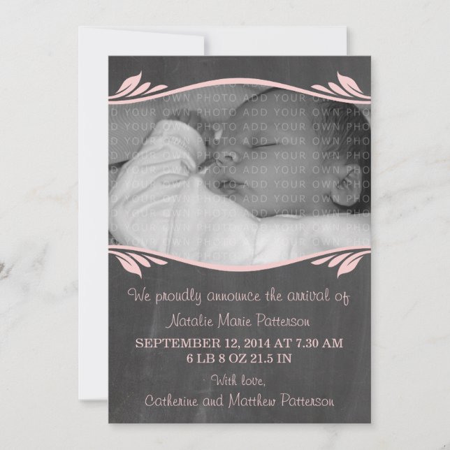 Pink Elegant Chalkboard Baby Announcement (Front)