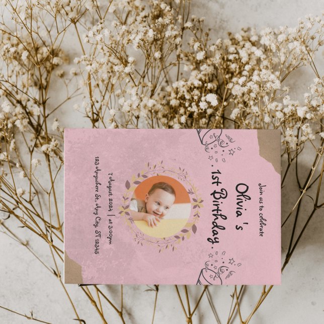 Pink Elegant Cute 1st Birthday Party Invitation (Pink Elegant Cute 1st Birthday Party Invitation
)