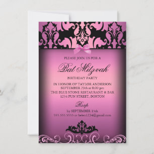 Pink Elegant Damask Bat Mitzvah Party Invitation