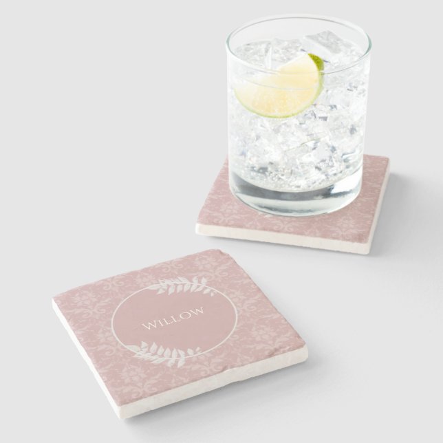 Pink Elegant Damask Personalised Stone Coaster (Side)