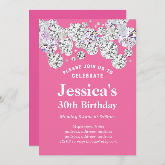 PINK elegant diamond, glitter birthday invitation (Front/Back)