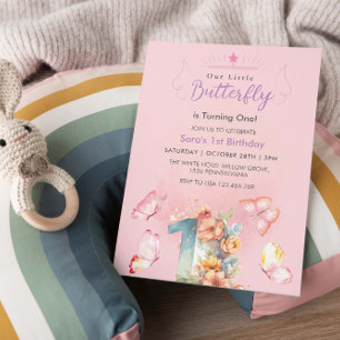 Pink Elegant First 1st Birthday Pink Butterflies  Invitation