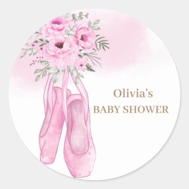 Pink Elegant Floral Ballerina Shoes Baby Shower  Classic Round Sticker (Front)