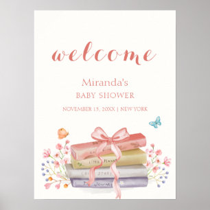 Pink Elegant Floral Bow Book Baby Shower Welcome Poster