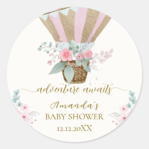 Pink Elegant Floral Hot Air Balloon Baby Shower  Classic Round Sticker