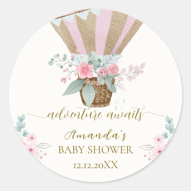 Pink Elegant Floral Hot Air Balloon Baby Shower  Classic Round Sticker (Front)