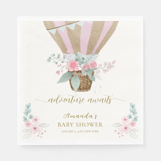 Pink Elegant Floral Hot Air Balloon Baby Shower  Napkin (Front)