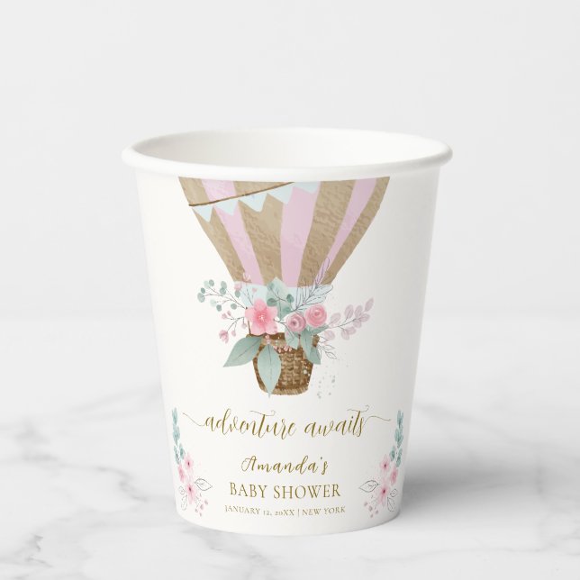 Pink Elegant Floral Hot Air Balloon Baby Shower  Paper Cups (Front)