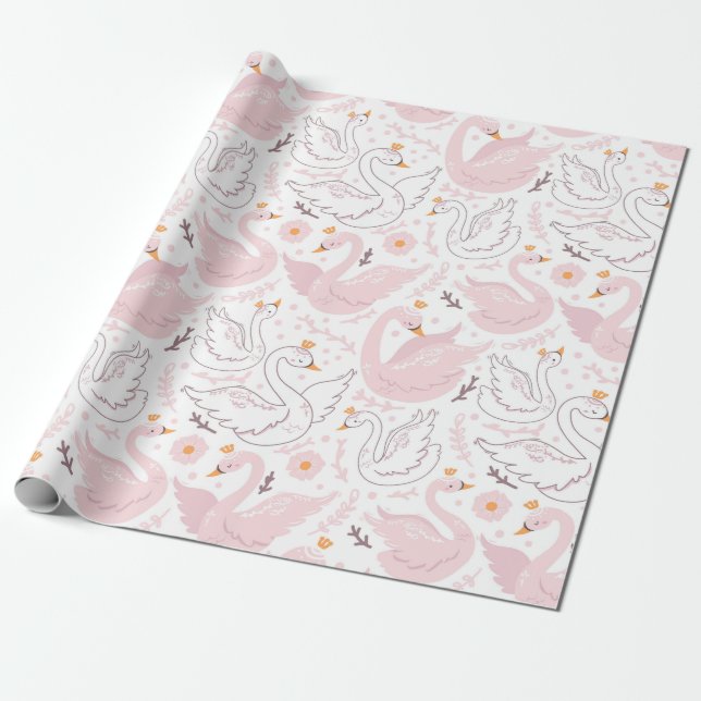 Pink Elegant Floral Swan  Wrapping Paper (Unrolled)