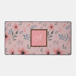 Pink Elegant Flower Boho Monogram Desk Mat
