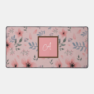 Pink Elegant Flower Boho Monogram Desk Mat