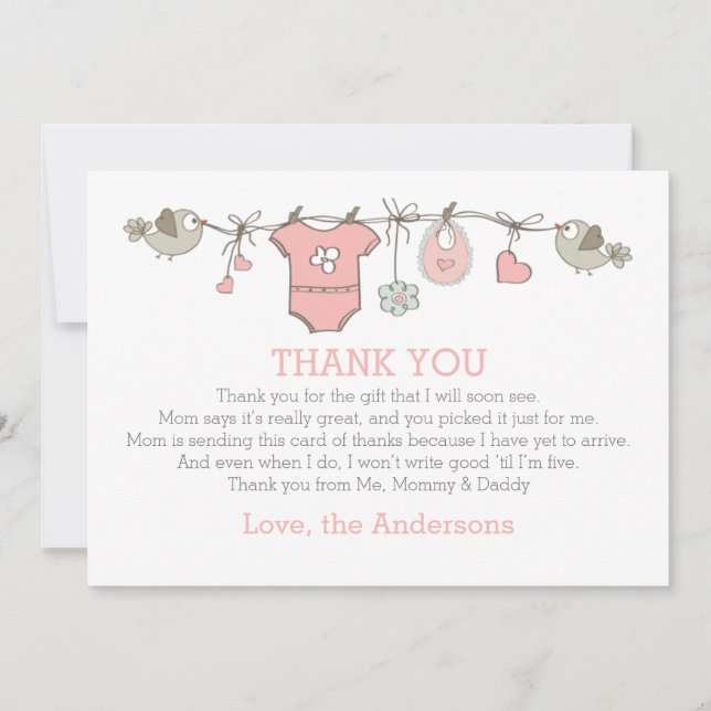 Pink elegant girl clothes thank you BABY SHOWER Card (Front)