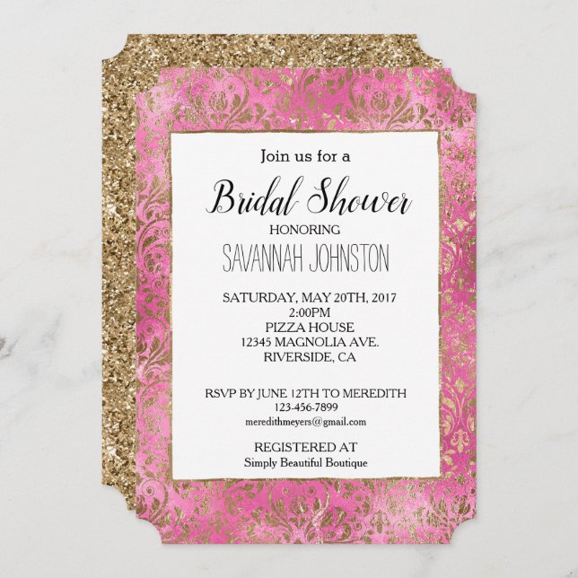 Pink Elegant Gold Damask Bridal Shower Invitation (Front/Back)