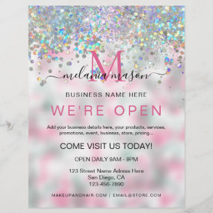 Pink Elegant Holographic Glitter We're Open Salon Flyer