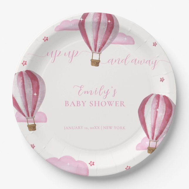 Pink Elegant Hot Air Balloon Girl Baby Shower  Paper Plate (Front)