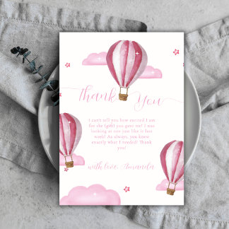 Pink Elegant Hot Air Balloon Girl Baby Shower Thank You Card