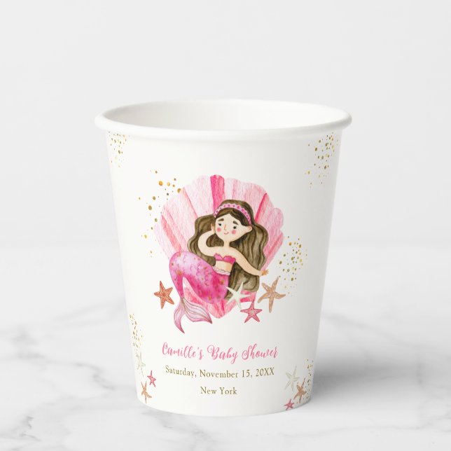 Pink Elegant Mermaid Ocean Starfish Baby Shower Paper Cups (Front)