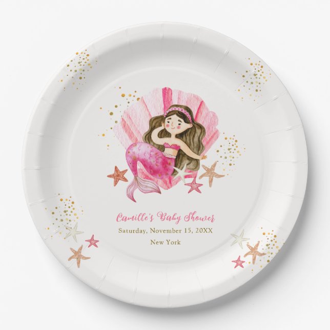 Pink Elegant Mermaid Ocean Starfish Baby Shower Paper Plate (Front)