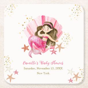 Pink Elegant Mermaid Ocean Starfish Baby Shower Square Paper Coaster