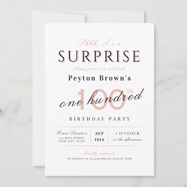 Pink elegant modern classy surprise 100th birthday invitation (Front)