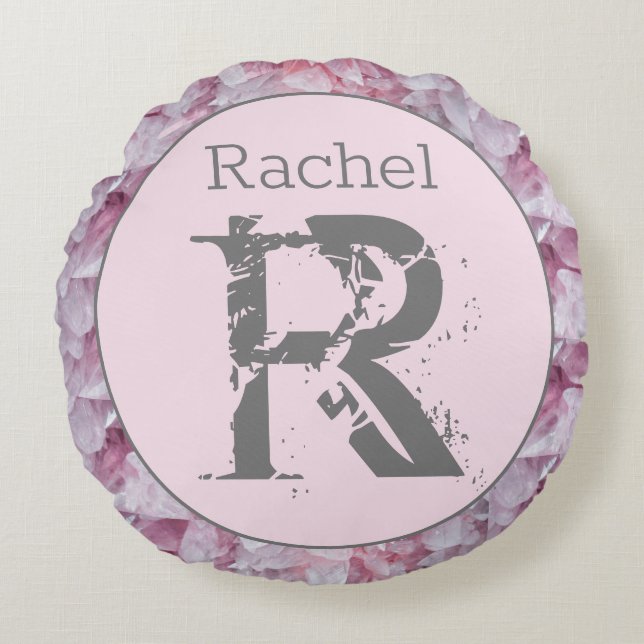 Pink Elegant Modern Name Monogram Template Round Cushion (Front)