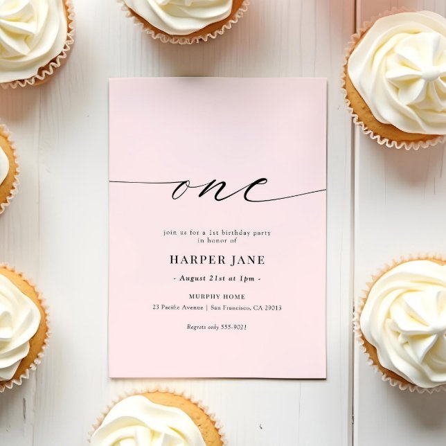 Pink Elegant Modern One First Birthday Party Invitation (Creator Uploaded)