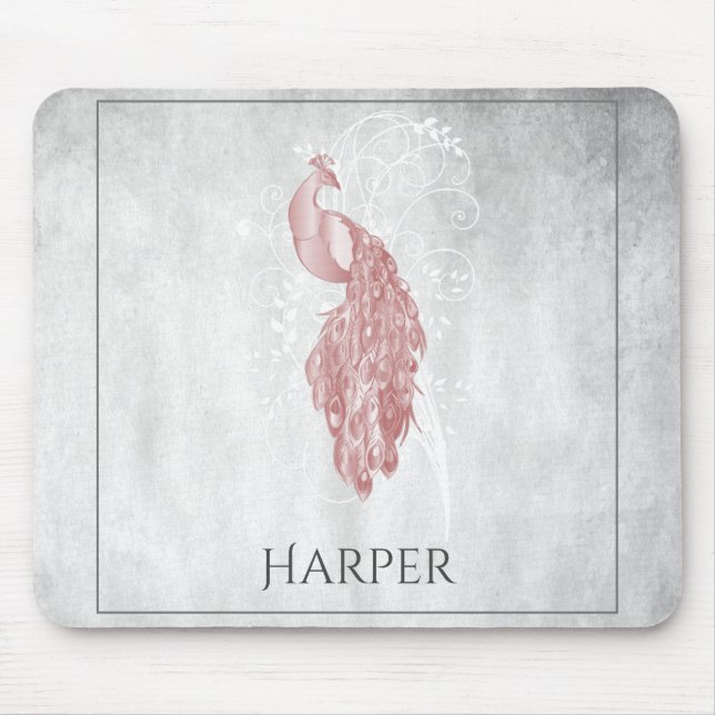Pink Elegant Peacock Personalised Mouse Pad (Front)