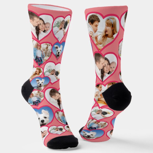 Pink Elegant Red Heart Pattern | 5 Photo Collage Socks (Angled)