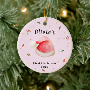 Pink Elegant Santa Hat Baby's Frist Christmas Ceramic Ornament