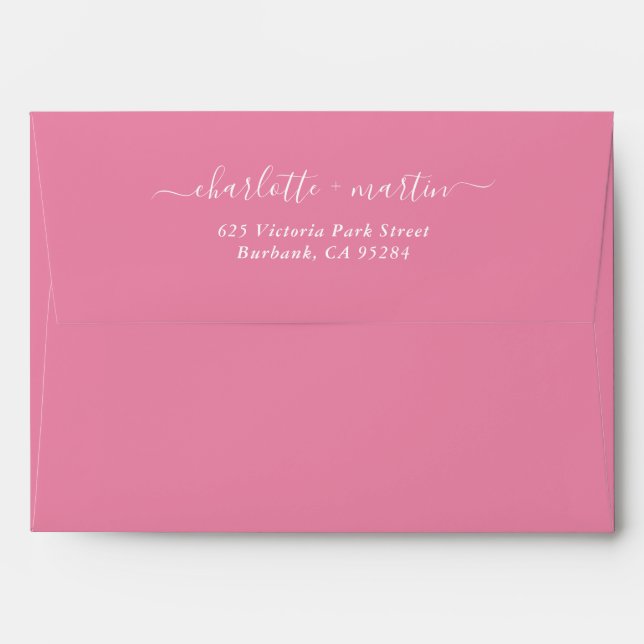 Pink Elegant Script Return Address Wedding Envelope (Back (Top Flap))