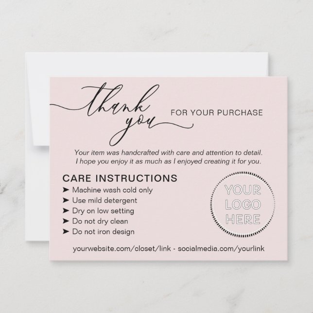 Pink Elegant Small Business Instructions Care Thank You Card (Front)