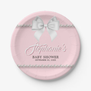 Pink Elegant Tiffany Pearls Bow Fancy Baby Shower Paper Plate