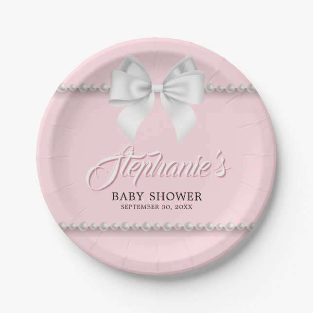 Pink Elegant Tiffany Pearls Bow Fancy Baby Shower Paper Plate (Front)