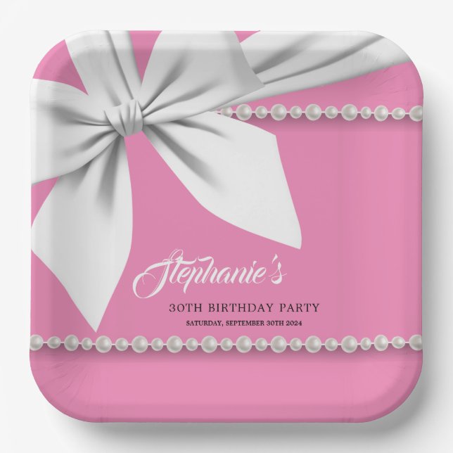 Pink Elegant Tiffany Pearls Fancy Party Tableware Paper Plate (Front)