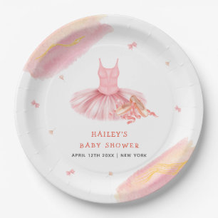 Pink Elegant Watercolor Ballerina Girl Baby Shower Paper Plate