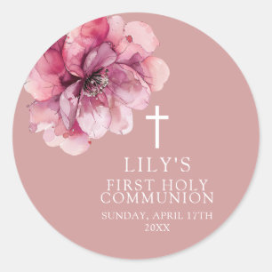 Pink Elegant Watercolor Floral Holy Communion Classic Round Sticker