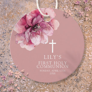 Pink Elegant Watercolor Floral Holy Communion Favour Tags