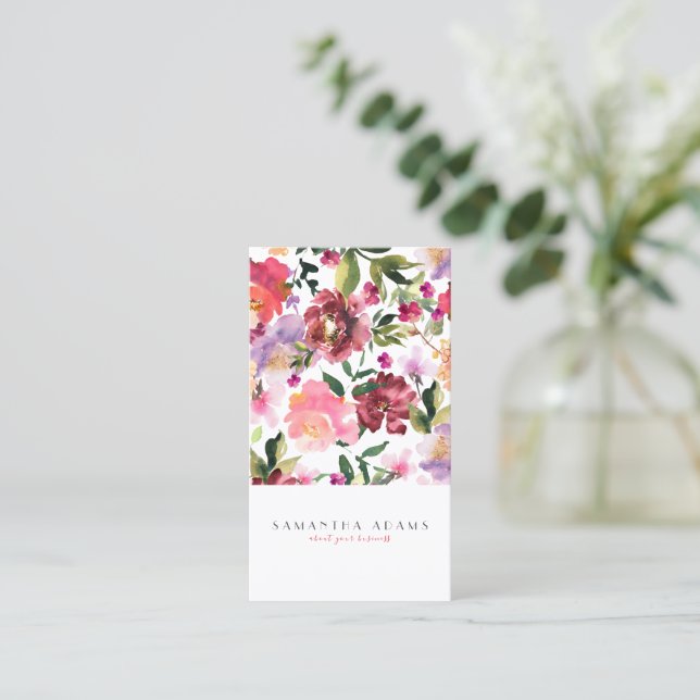 Pink Elegant Watercolor Flowers Business Card (Standing Front)