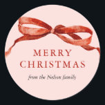 Pink Elegant Watercolor Red Bow Christmas Holiday Classic Round Sticker<br><div class="desc">Pink Elegant Watercolor Red Bow Christmas Holiday Classic Round Sticker features a beautiful watercolor red bow.</div>
