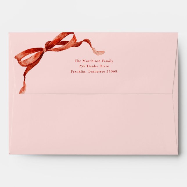 Pink Elegant Watercolor Red Bow Christmas Holiday Envelope (Back (Top Flap))