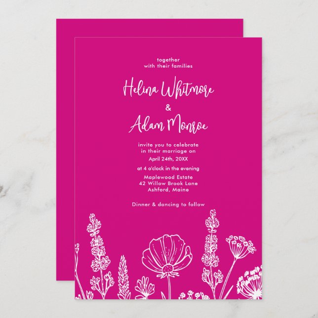 Pink | Elegant Wildflowers Wekdding Invitation (Front/Back)
