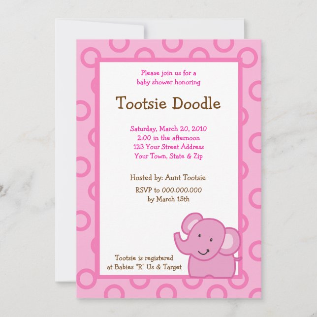 Pink Elephant 5x7 Baby Shower Invitation (Front)